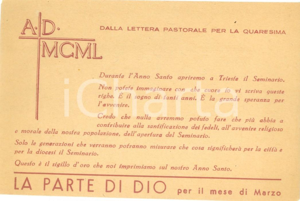 Materiale pubblicitario d’epoca 1950 TRIESTE Seminario Vescovile Busta ILLUSTRATA per offerte mese di marzo 1