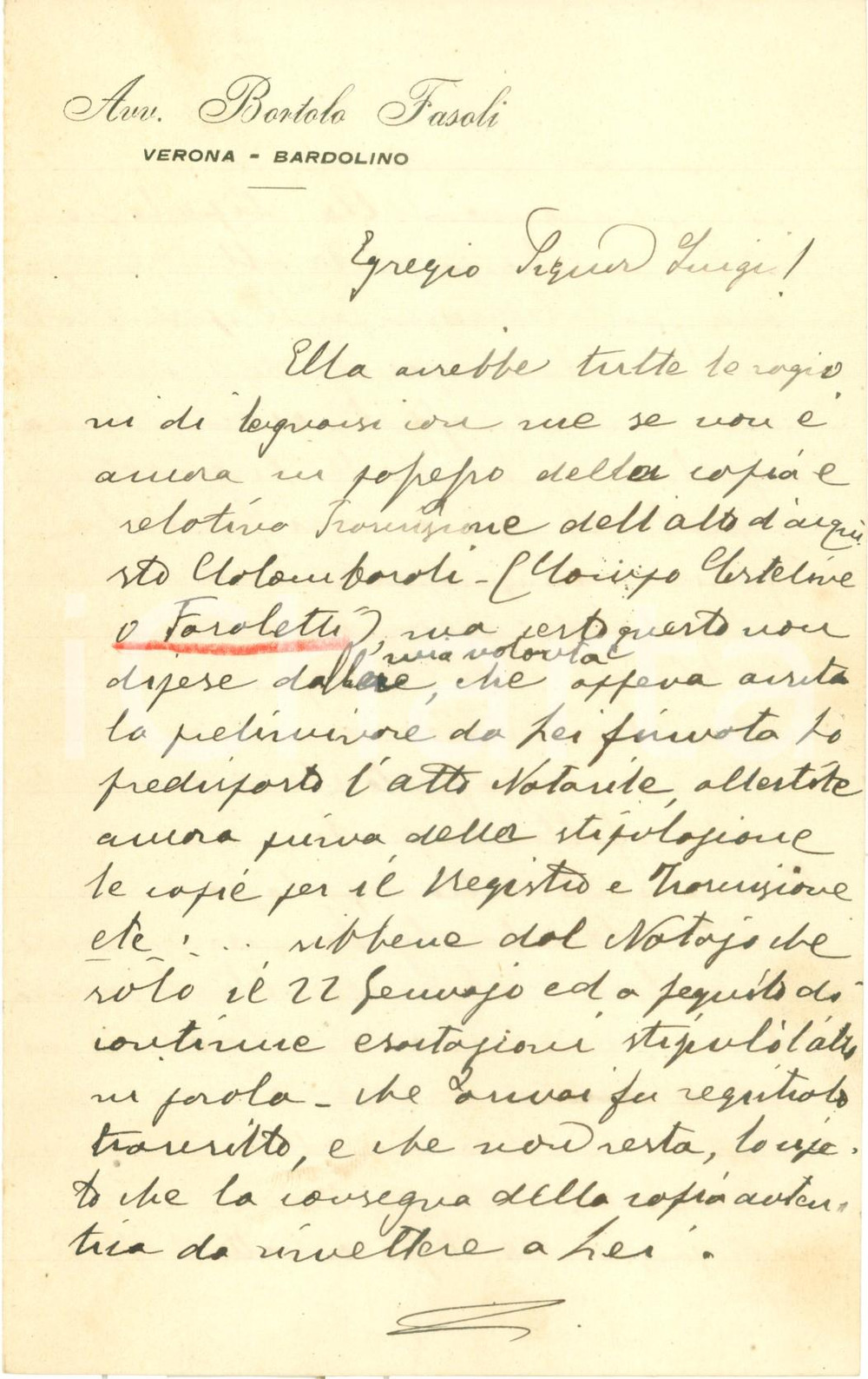 Manoscritto, lettera originale 1907 BARDOLINO VR Avvocato Bortolo FASOLI tratta affitto di un campo Lettera 1