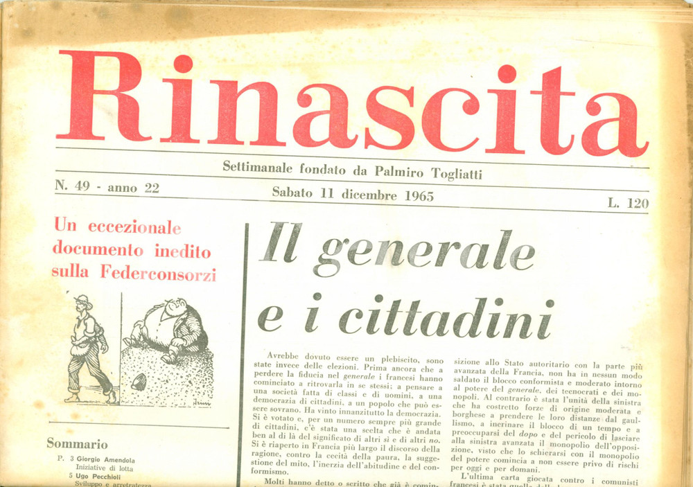 Giornale, rivista storica 1965 RINASCITA Charles DE GAULLE rieletto senza plebiscito Giornale 1