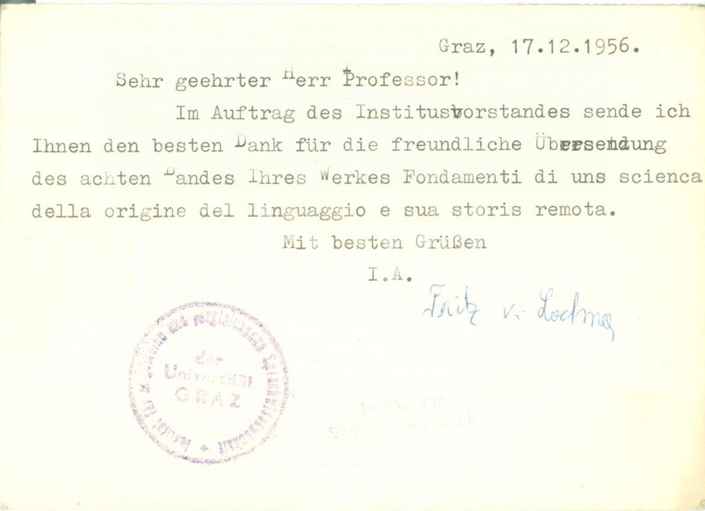Autografo originale 1956 GRAZ Fritz LOCHNER VON HUTTENBACH ringrazia per invio di opere AUTOGRAFO 1