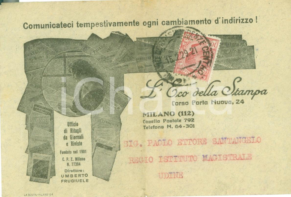 Materiale pubblicitario d’epoca 1929 MILANO Busta intestata L'ECO DELLA STAMPA *Priva di contenuto 1