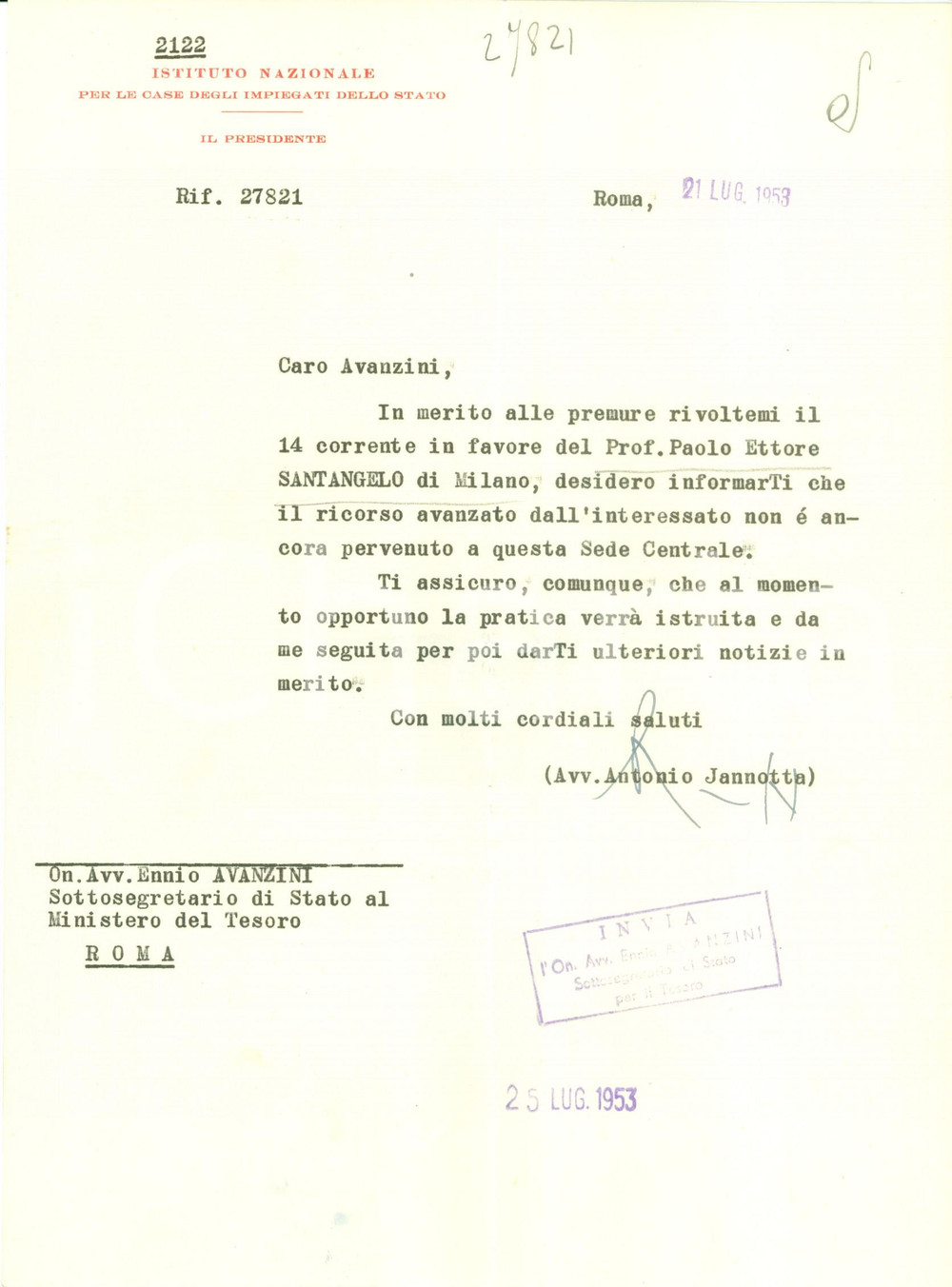 Autografo originale 1953 ROMA Avvocato Antonio IANNOTTA Istituto Nazionale Case Impiegati *AUTOGRAFO 1