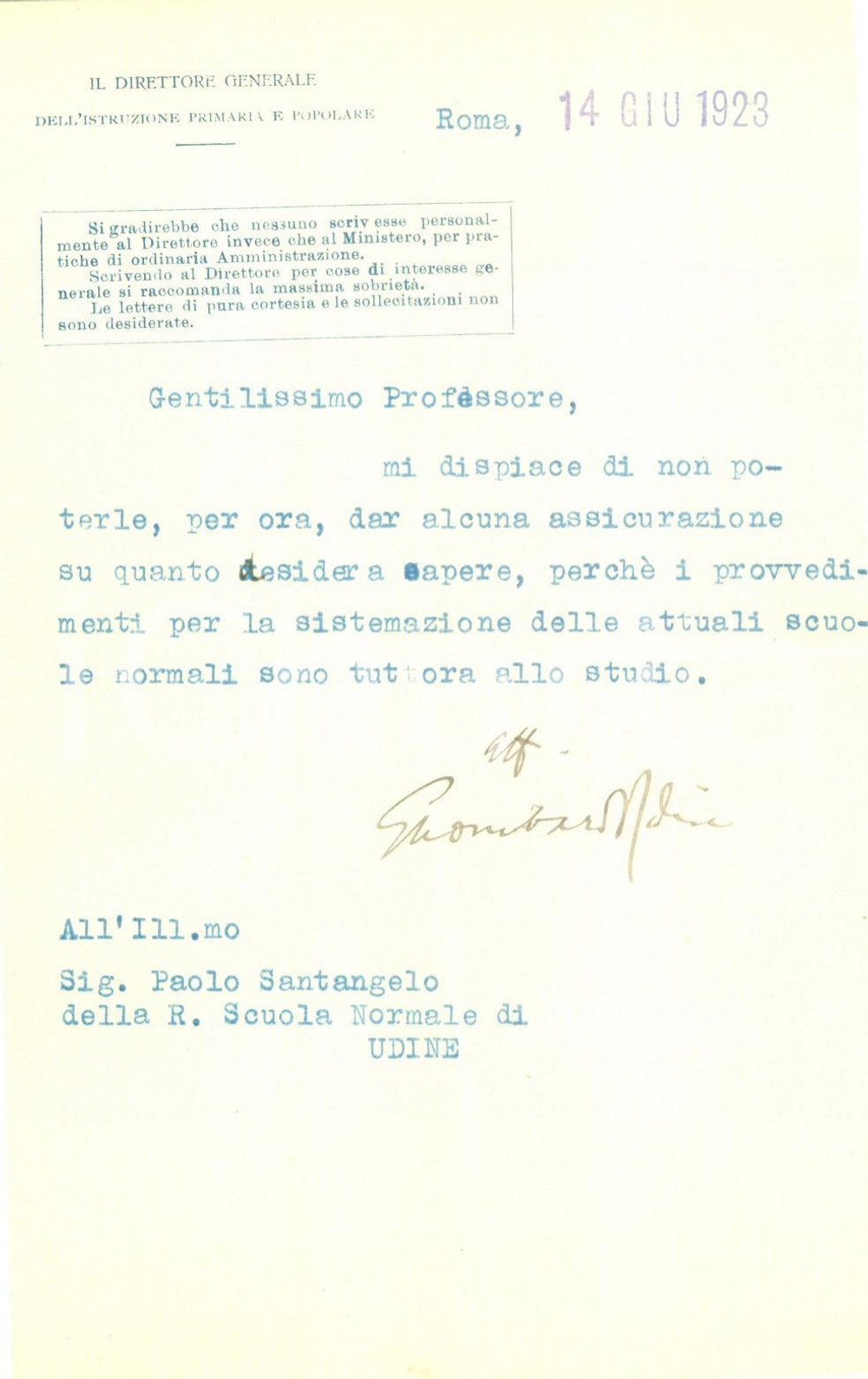 Autografo originale 1923 ROMA Giuseppe LOMBARDO RADICE su scuole normali AUTOGRAFO 1