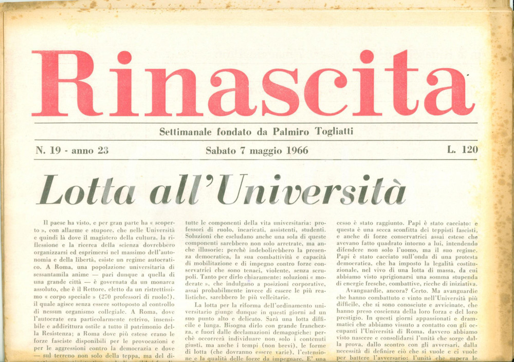 Giornale, rivista storica 1966 RINASCITA Pietro INGRAO Antifascismo e lotta all'Università  *Giornale 1