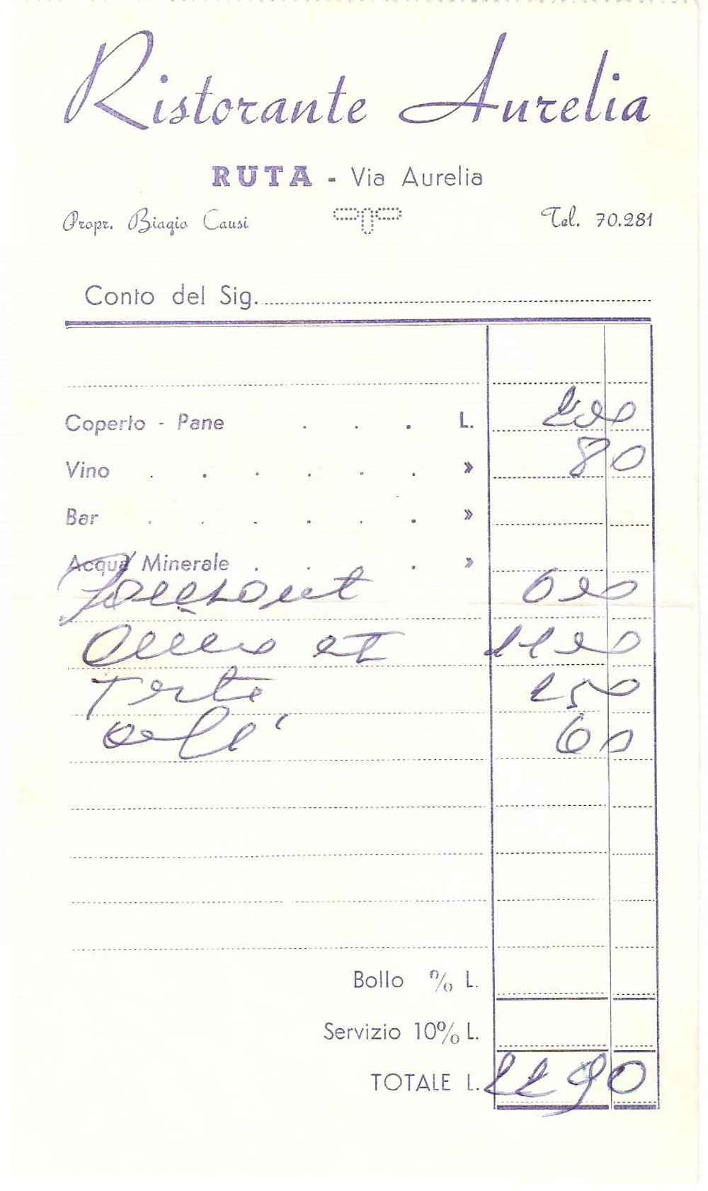 Materiale pubblicitario d’epoca 1965 ca RUTA DI CAMOGLI (GE) Ristorante AURELIA di Biagio CAUSI *Ricevuta 1