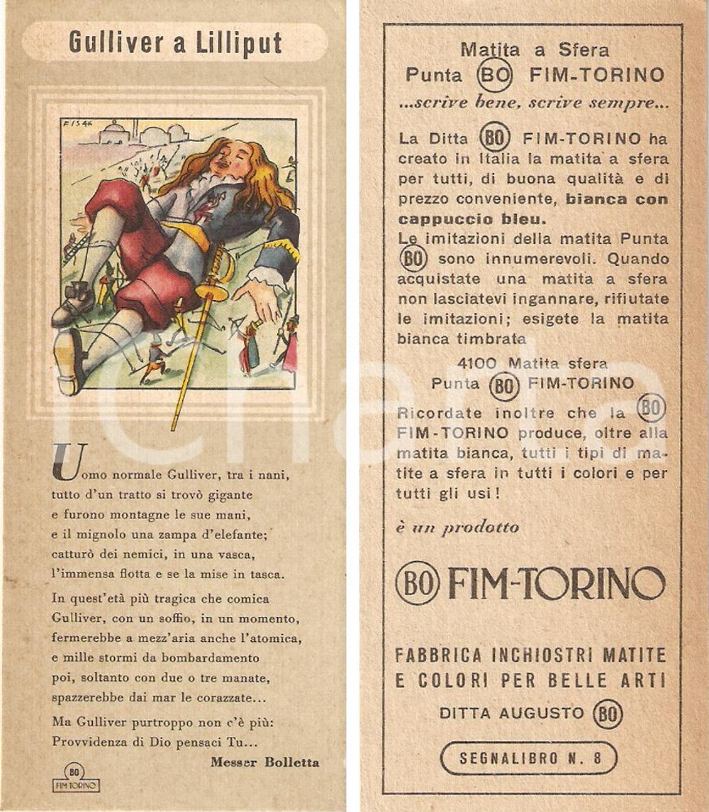 Oggetto da collezione cartaceo 1950 ca TORINO  Matite BO FIM Segnalibro pubblicitario GULLIVER a Lilliput 1