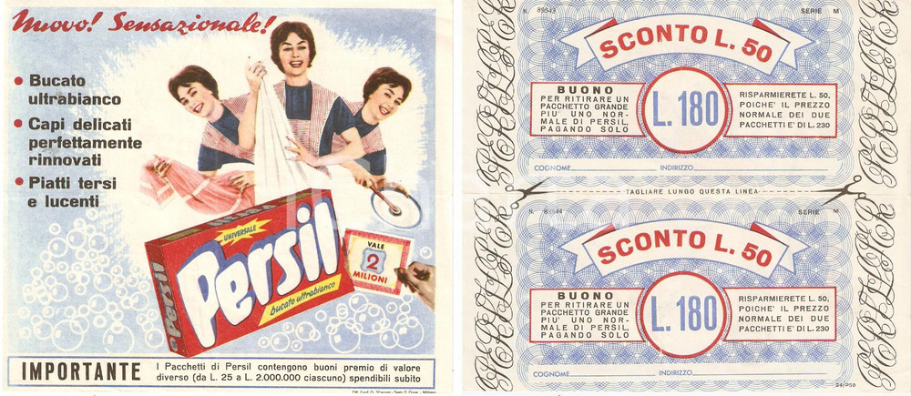 Materiale pubblicitario d’epoca 1950 circa DETERSIVO PERSIL Buono sconto Pubblicità ILLUSTRATA 1