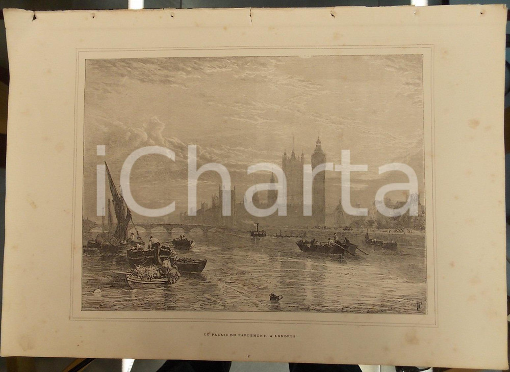Stampa, bozzetto originale 1886 LES MERVEILLES DE L ART MODERNE Le palais du Parlement a Londres Stampa 1