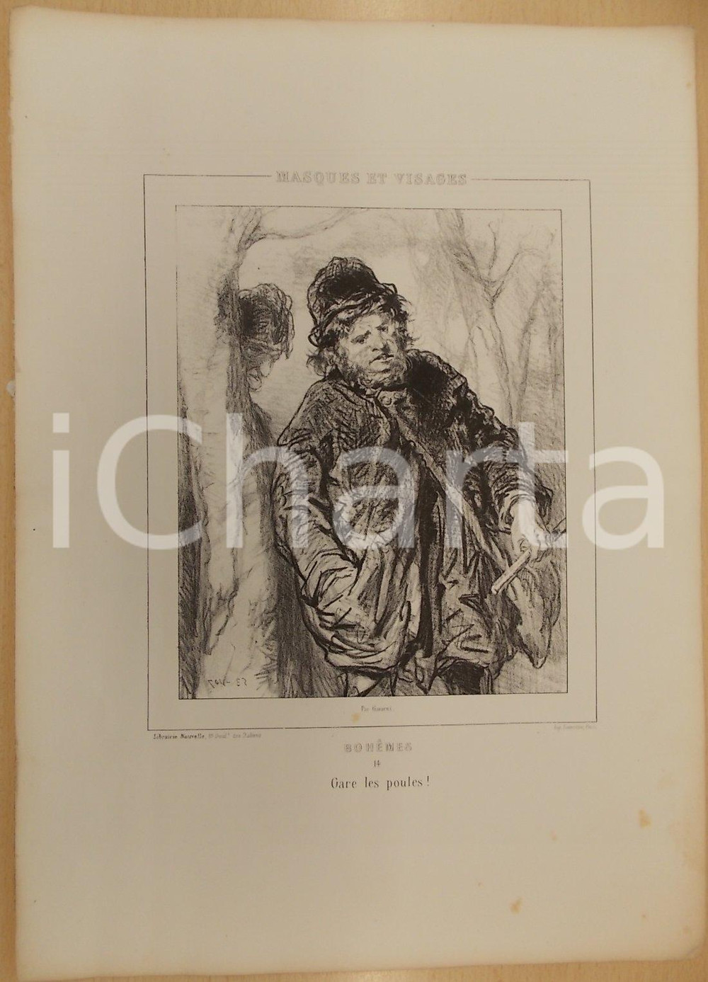 Stampa, bozzetto originale 1853 Paul GAVARNI Masques et visages  Bohèmes Tav. 14 Gare les poules! 1