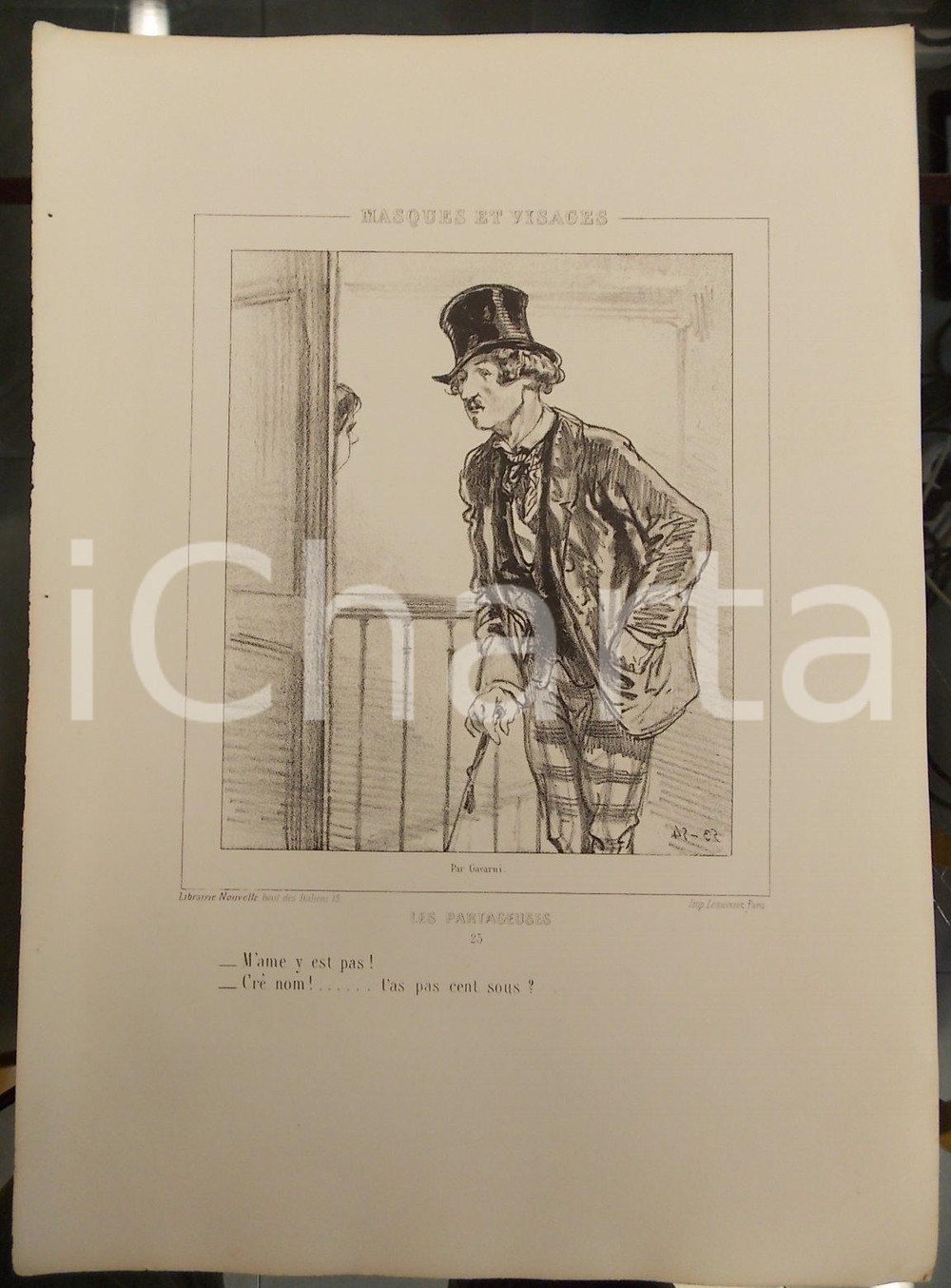 Stampa, bozzetto originale 1853 Paul GAVARNI Masques et visages  Les Partageuses n° 23 T as pas cent sous? 1
