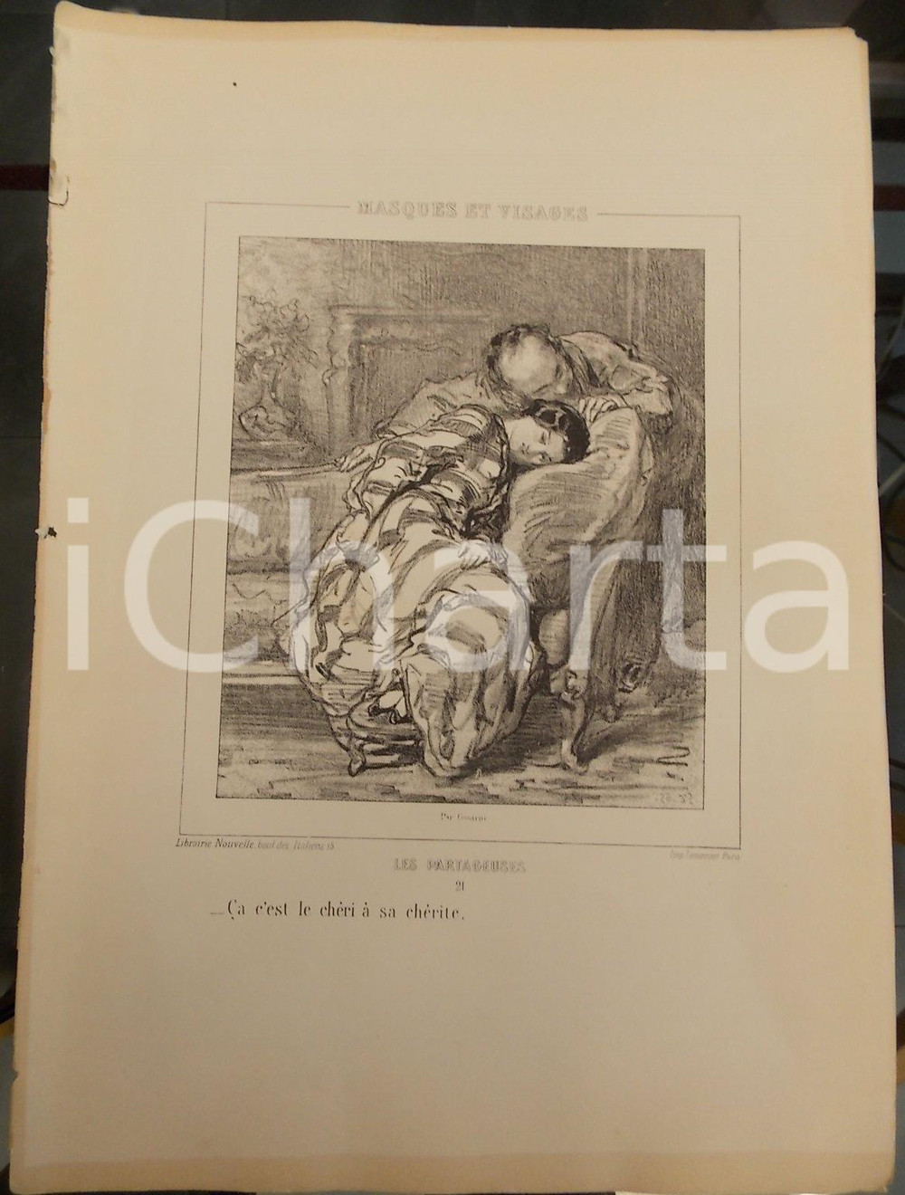 Stampa, bozzetto originale 1853 Paul GAVARNI Masques et visages  Les Partageuses n° 21 Chéri à sa chérite 1