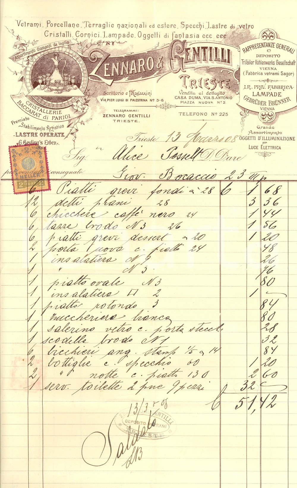Documento originale, autentico 1898 TRIESTE Vetrami porcellane ZENNARO & GENTILLI Baccarat Fattura ILLUSTRATA 1