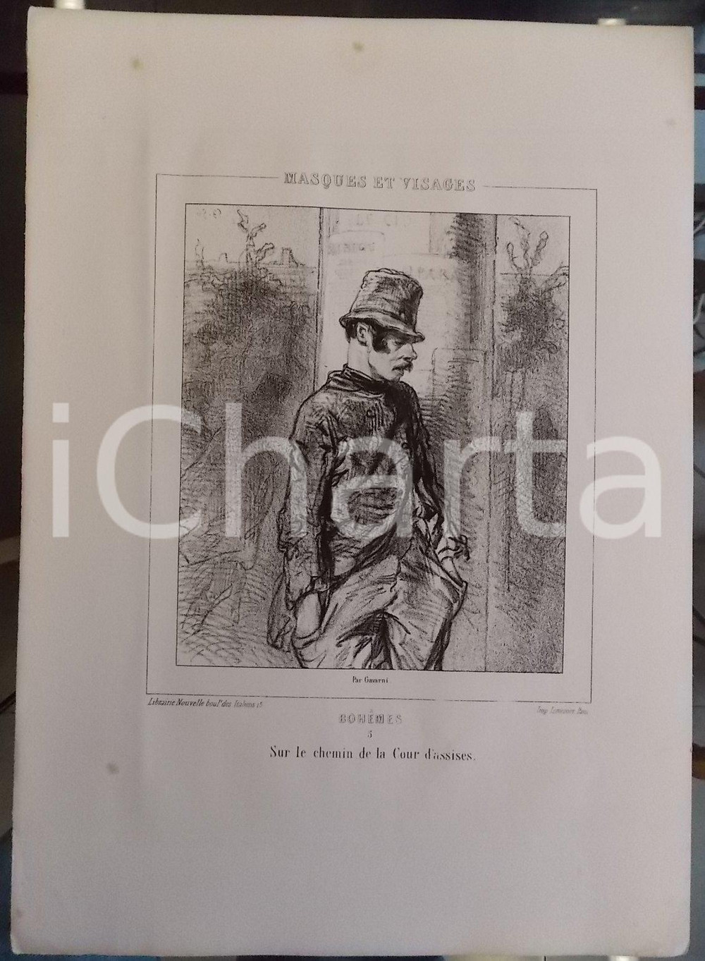 Stampa, bozzetto originale 1853 Paul GAVARNI Masques et visages  Bohèmes Tav. 5 Vers la Cour d assises 1