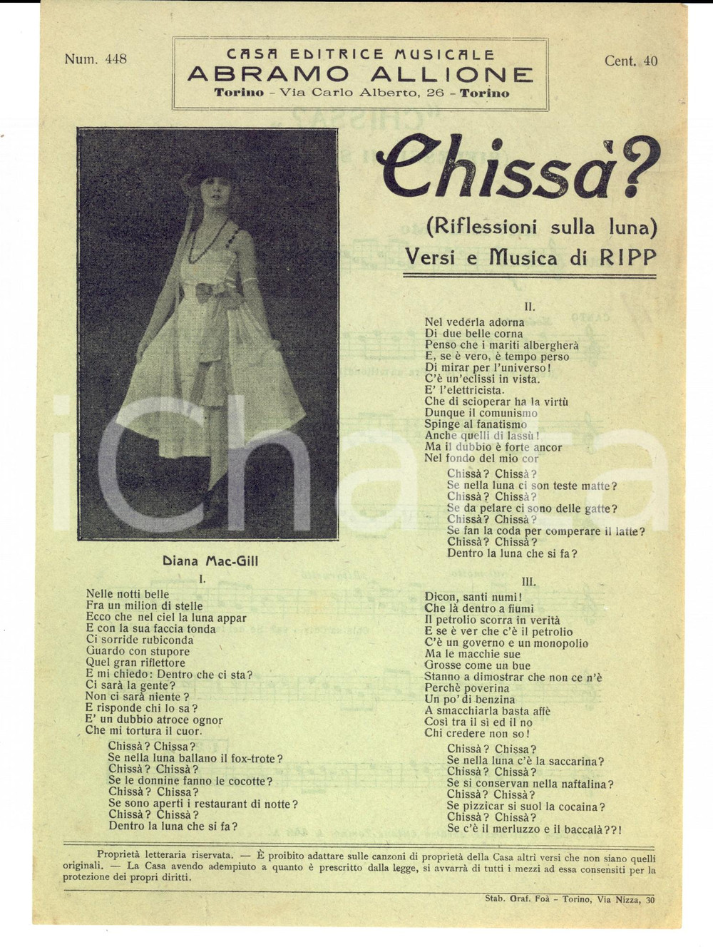 Oggetto da collezione cartaceo 1920 ca RIPP CHISSA' (Riflessioni sulla luna) *Volantino con spartito ALLIONE 1