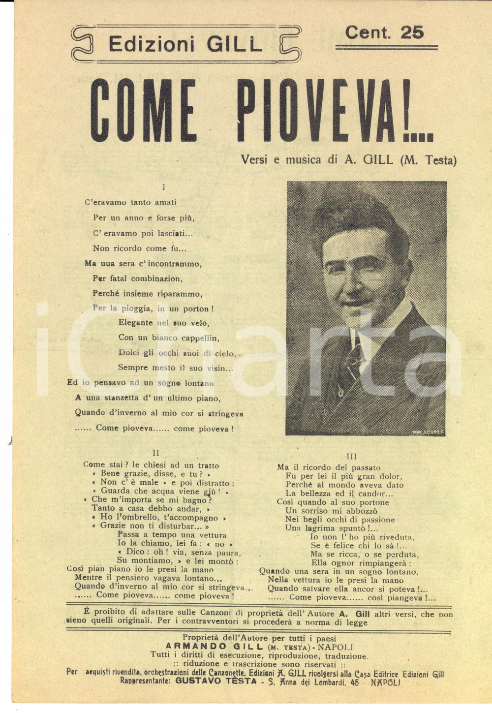 Oggetto da collezione cartaceo 1918 Armando GILL Come pioveva!... Volantino con spartito musicale 1