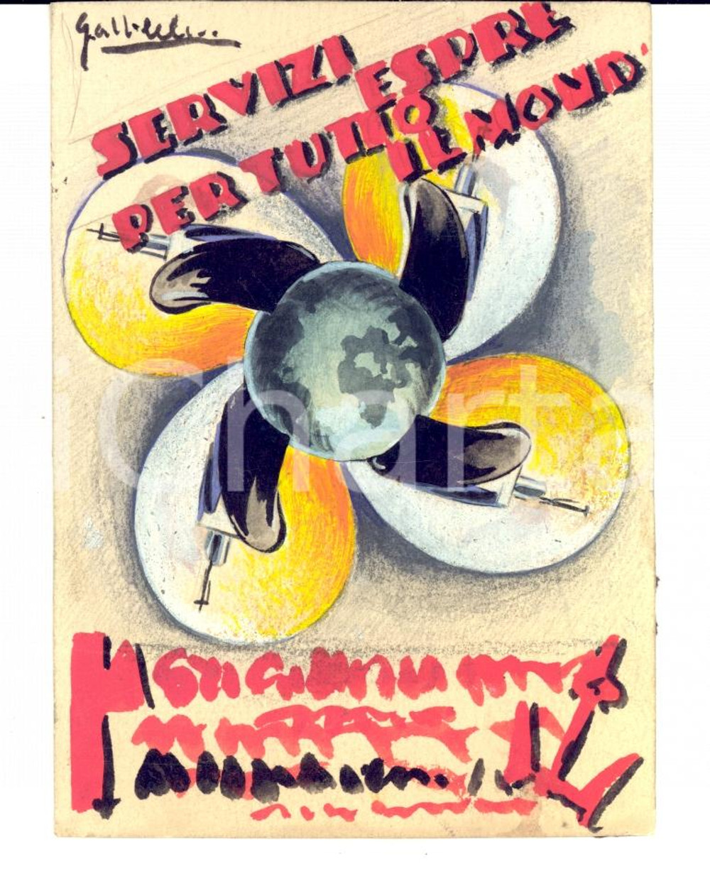 Stampa, bozzetto originale 1930 ca Bozzetto SERVIZI ESPRESSI PER TUTTO IL MONDO *Acquerellato a mano RARO 1