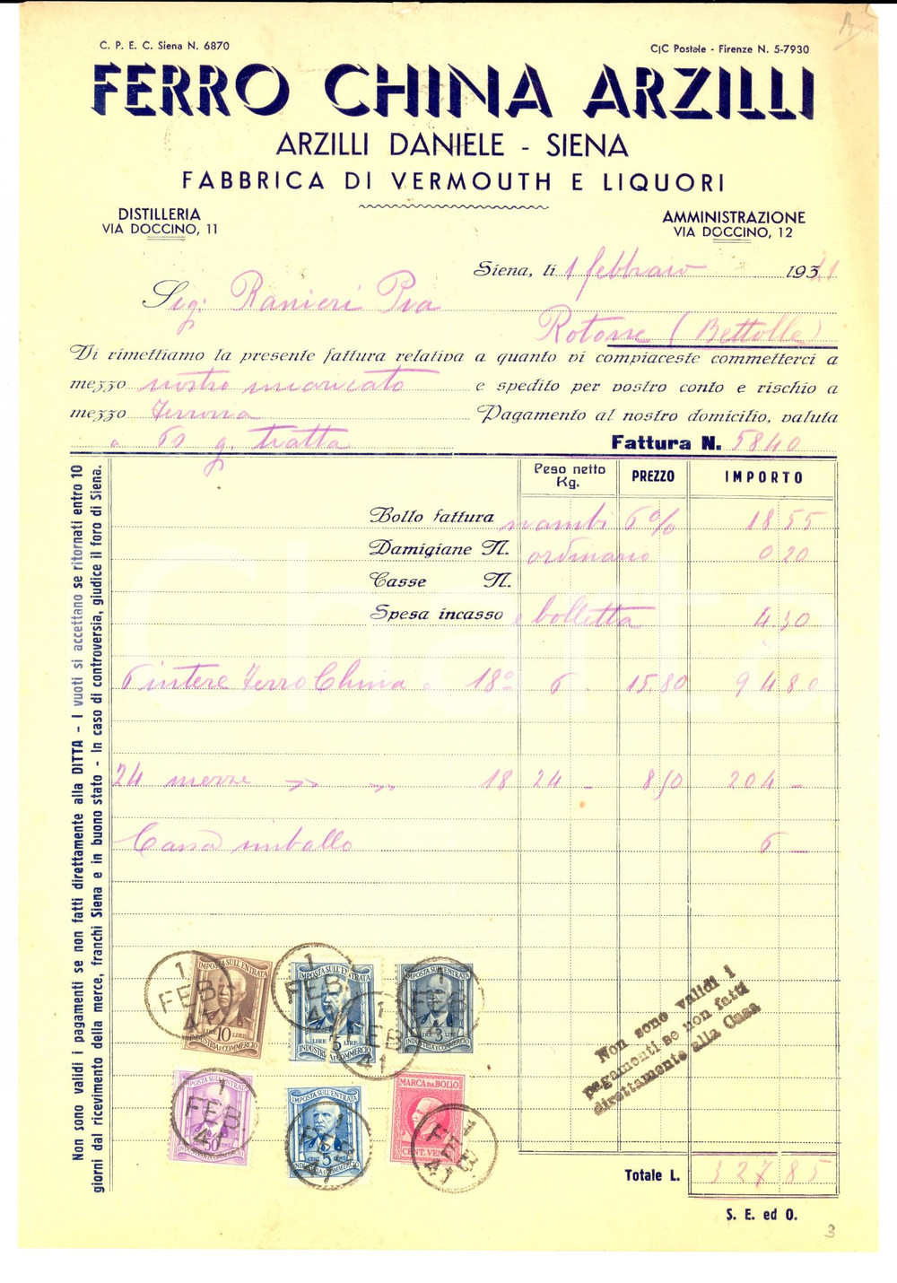 Documento originale, autentico 1941 SIENA Ferro china ARZILLI DANIELE Fabbrica vermouth e liquori *Fattura 1