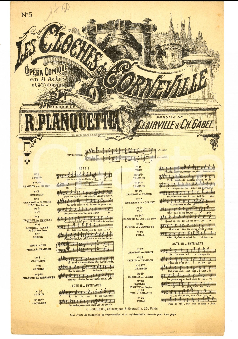 Oggetto da collezione cartaceo 1920 ca PLANQUETTE CLAIRVILLE GABET Cloches de Corneville  Chanson des cloches 1