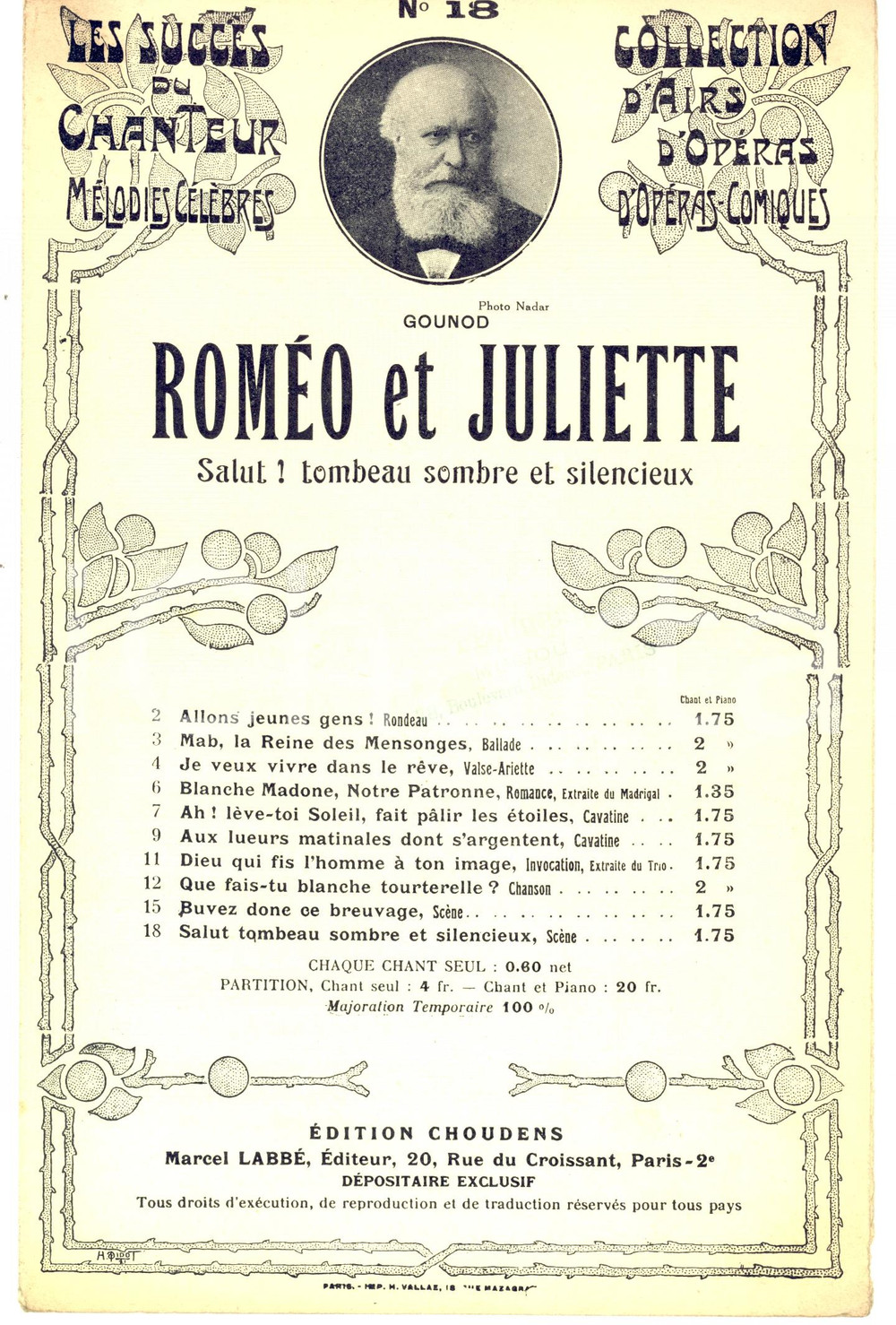 Oggetto da collezione cartaceo 1920 ca Charles GOUNOD Roméo et Juliette  Salut! Tombeau sombre et silencieux 1