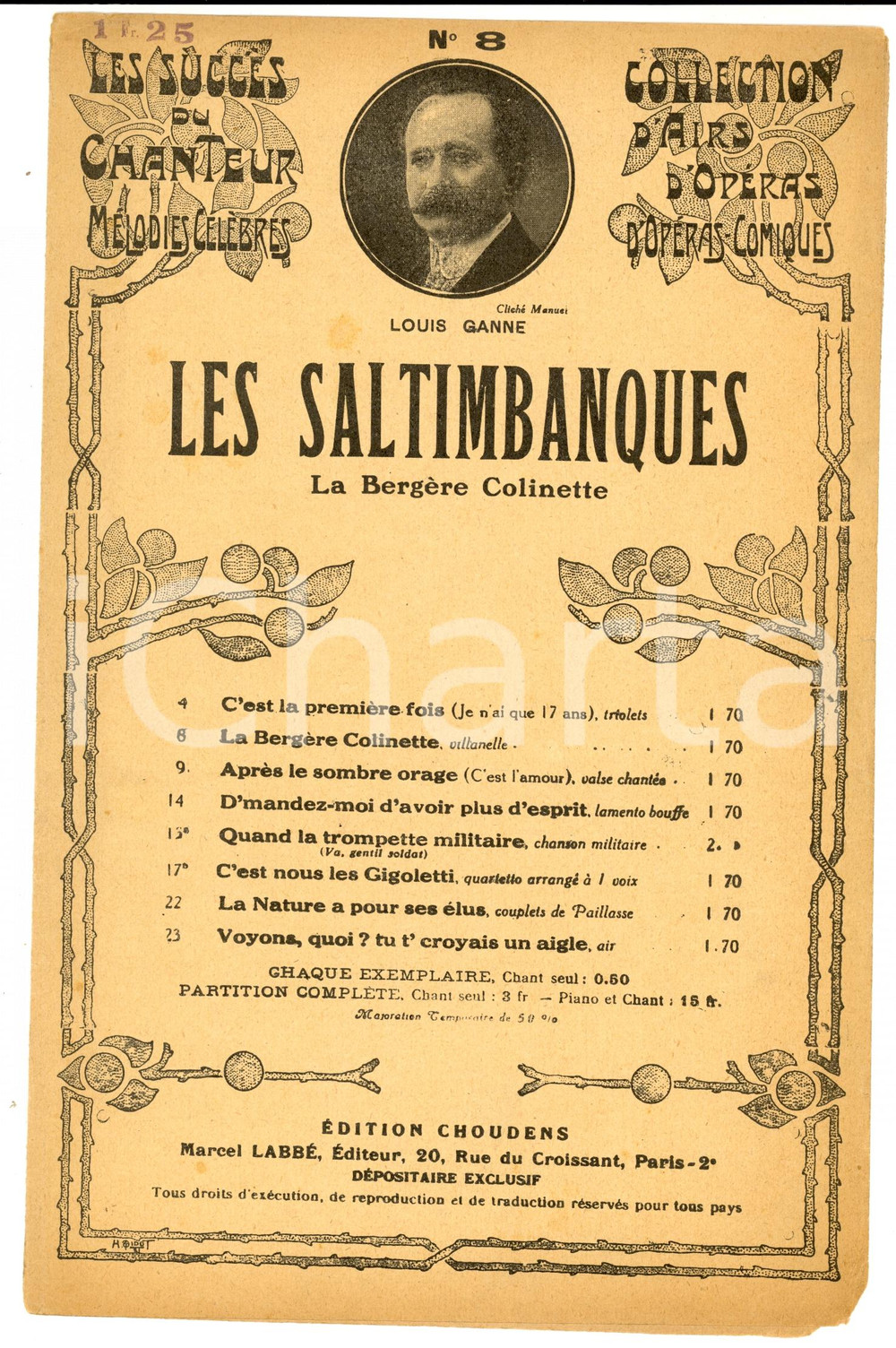 Oggetto da collezione cartaceo 1920 ca Louis GANNE Les Saltimbanques  La bergère Colinette Spartito 1