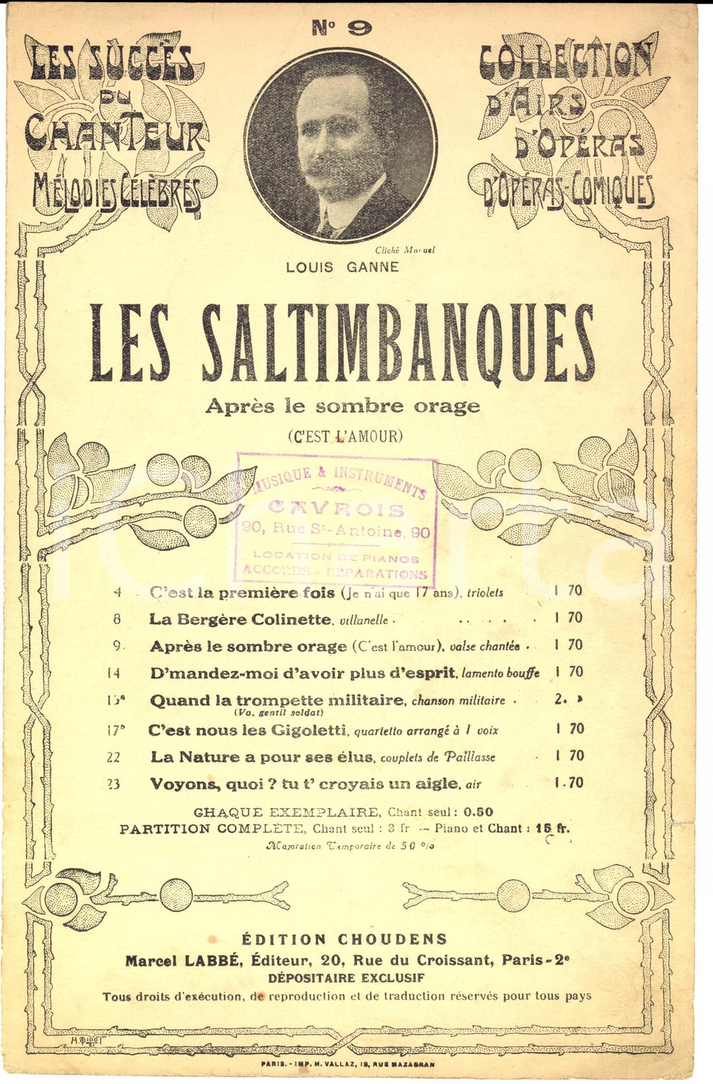 Oggetto da collezione cartaceo 1920 ca Louis GANNE Les Saltimbanques  Après le sombre orage Spartito 1