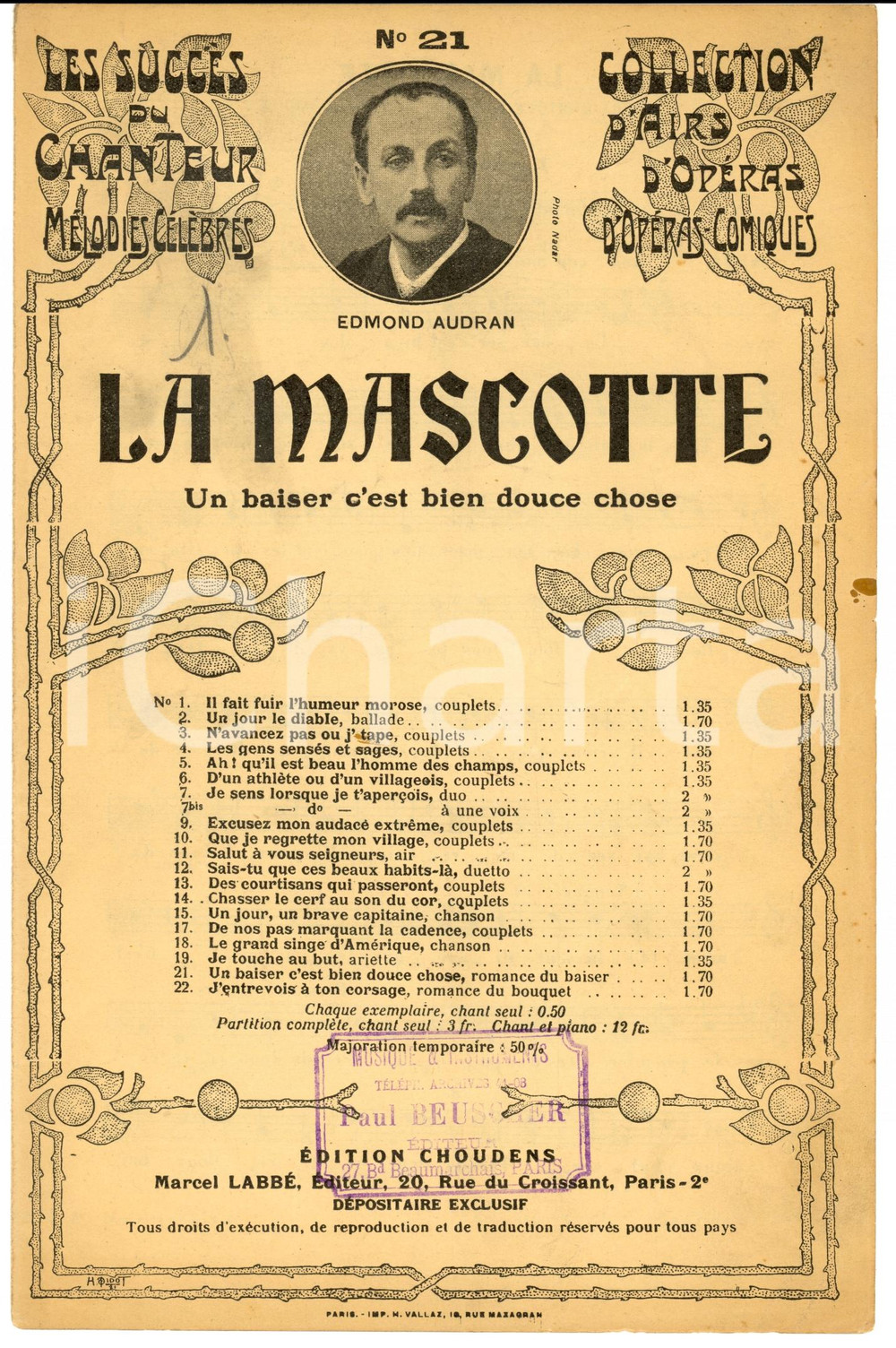 Oggetto da collezione cartaceo 1920 ca Edmond AUDRAN La mascotte  Un baiser c est bien douce chose CHOUDENS 1