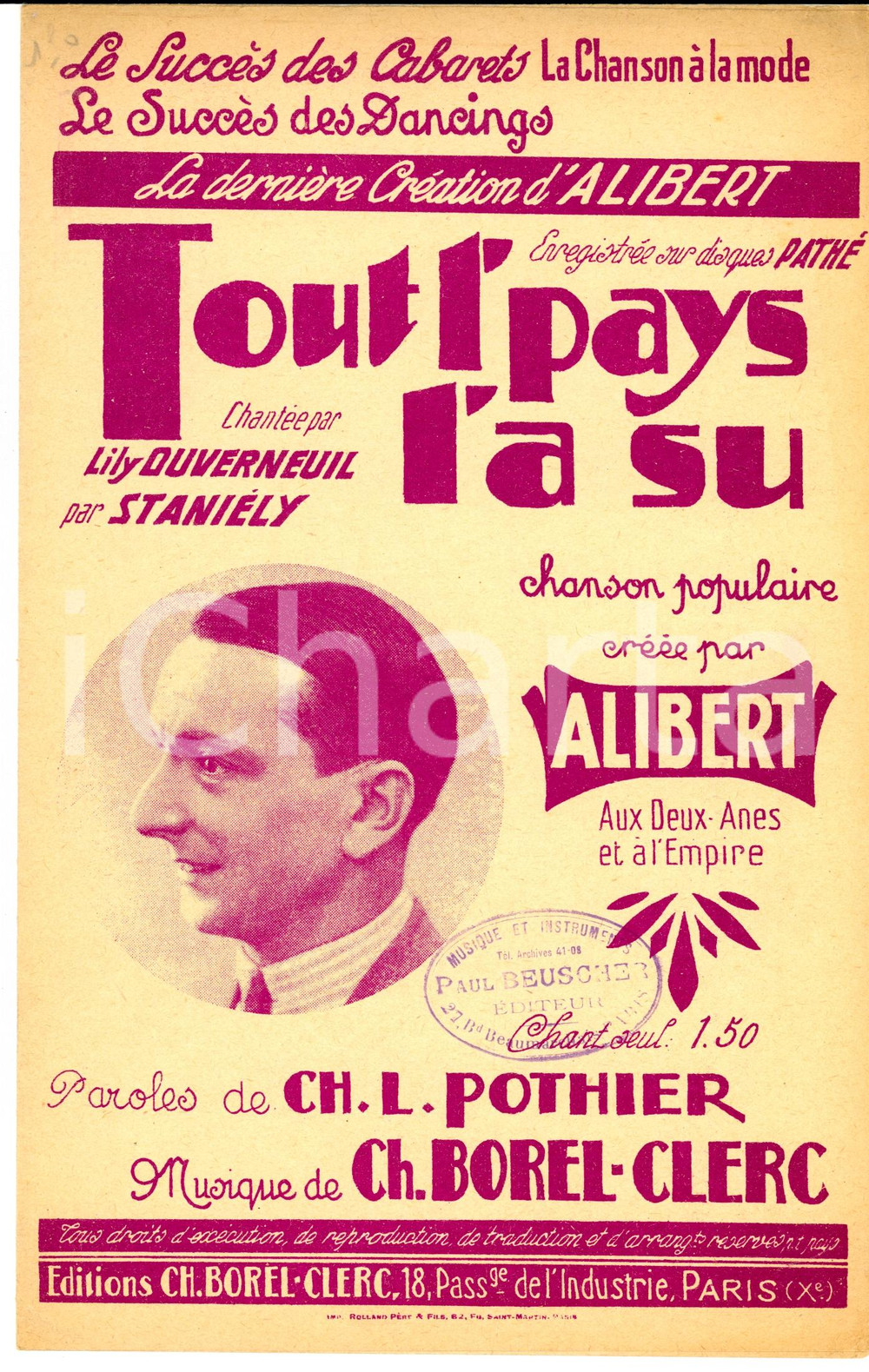 Oggetto da collezione cartaceo 1931 POTHIER  BORELCLERC Tout l pays l a su Lily DUVERNEUIL Spartito 1
