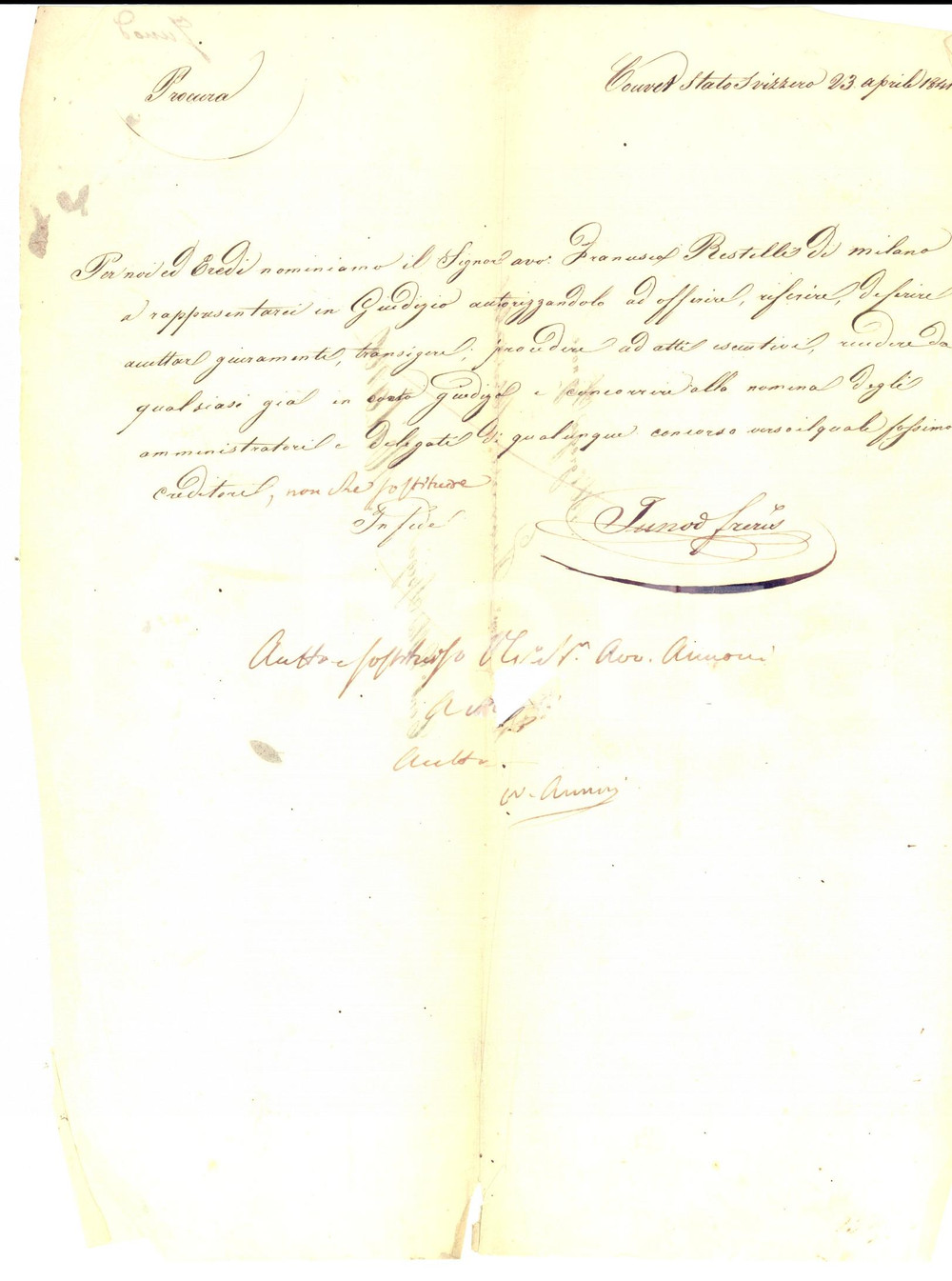 Manoscritto, lettera originale 1841 COUVET SVIZZERA Procura fratelli JUNOD all avv. Francesco RESTELLI 1