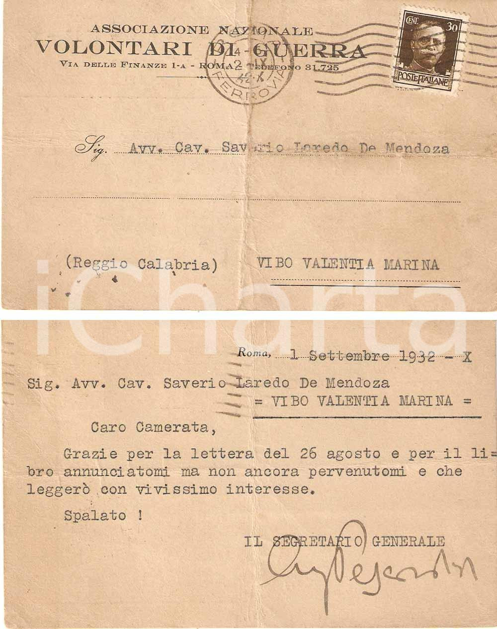 Autografo originale 1932 ROMA Augusto PESCOSOLIDO ringrazia Saverio LAREDO DE MENDOZA Autografo 1