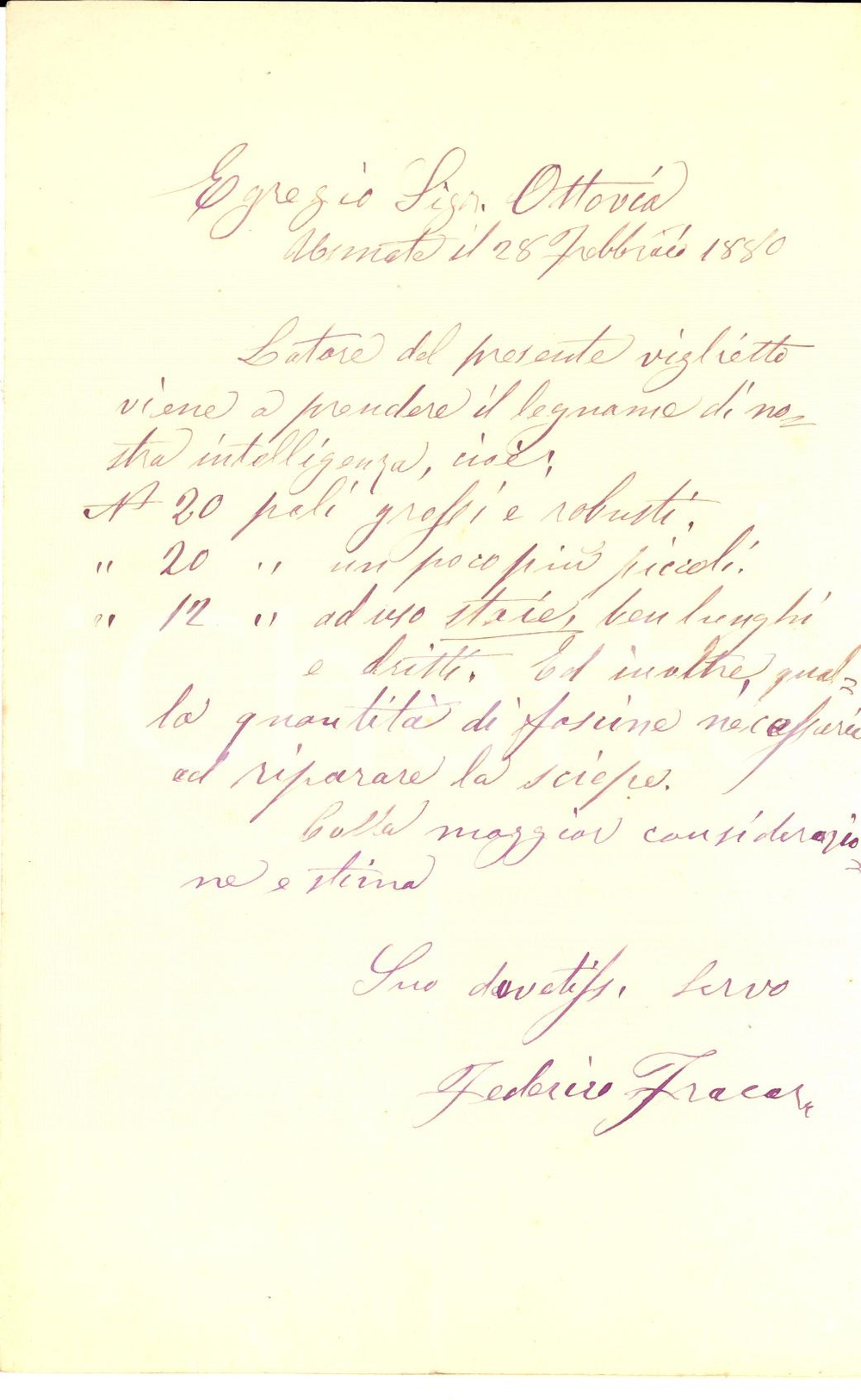 Manoscritto, lettera originale 1880 USMATE VELATE MB Agente Federico FRACASSO ritira pali e fascine per siepe 1