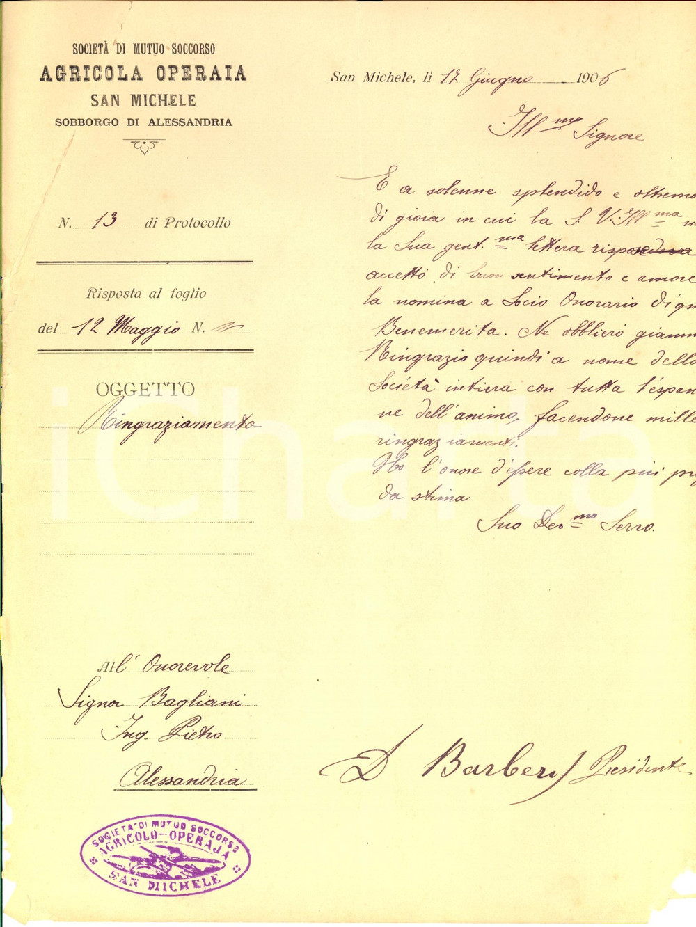 Manoscritto, lettera originale 1906 SAN MICHELE DI ALESSANDRIA Società AGRICOLA OPERAIA Pietro BAGLIANI socio 1