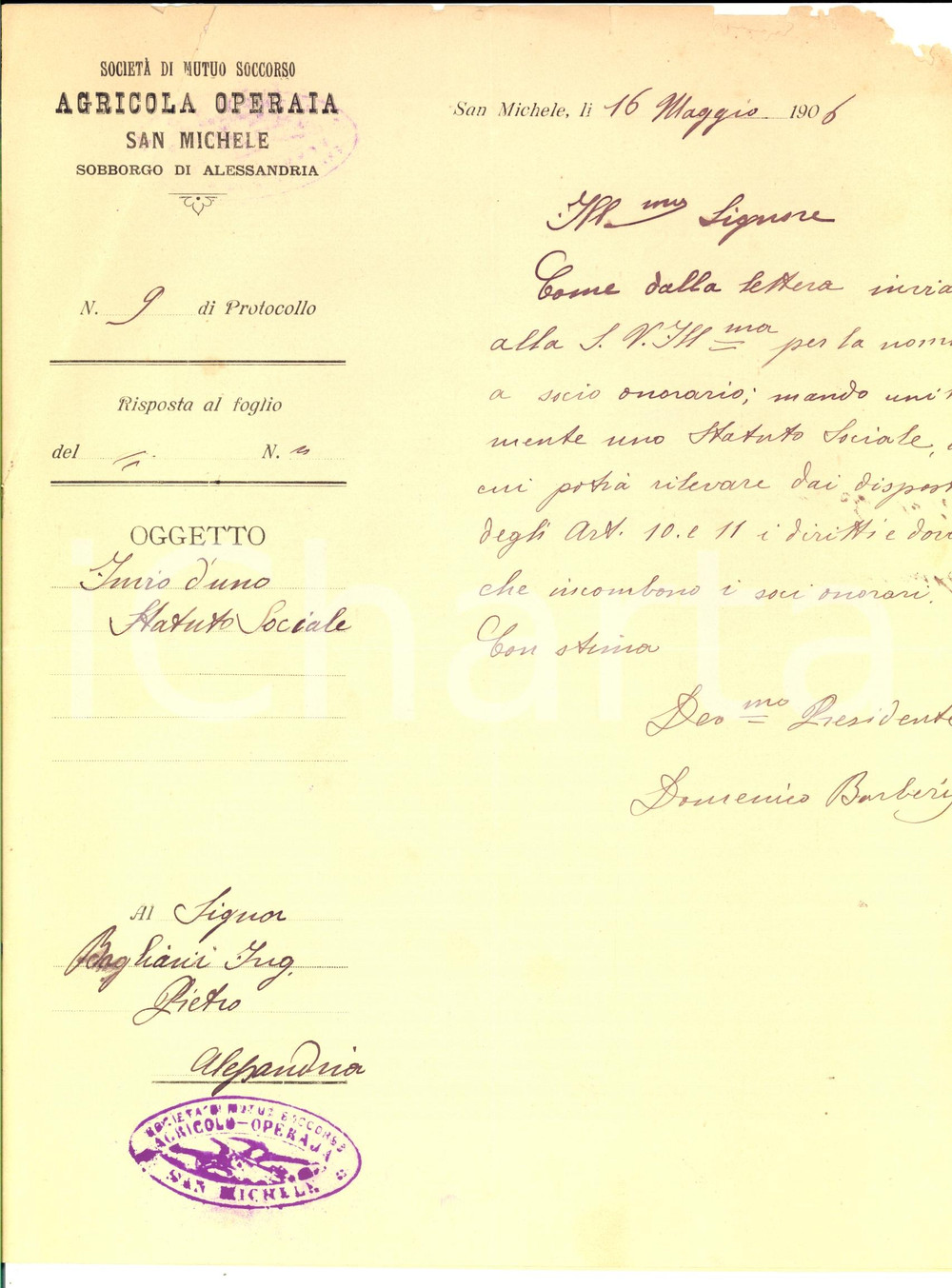 Manoscritto, lettera originale 1906 SAN MICHELE DI ALESSANDRIA Società Mutuo Soccorso AGRICOLA OPERAIA *Lettera 1