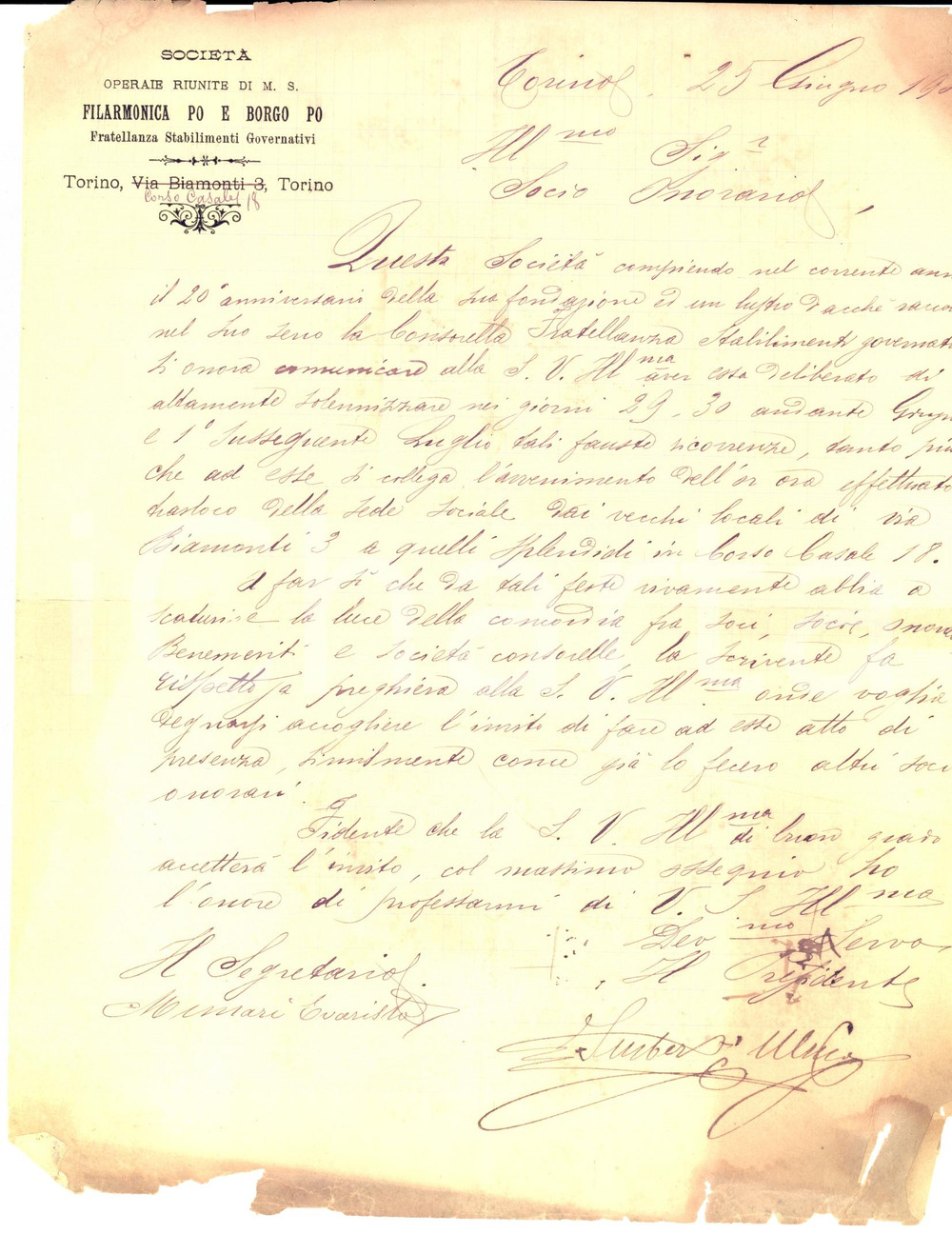 Manoscritto, lettera originale 1900 TORINO Festa 20 anni Società  FILARMONICA PO e BORGO PO Lettera 1