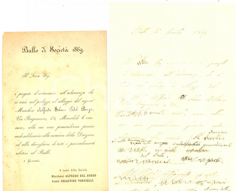 Manoscritto, lettera originale 1869 TORINO Ballo di società nobile Alfredo SOLARI DEL BORGO Invito manoscritto 1
