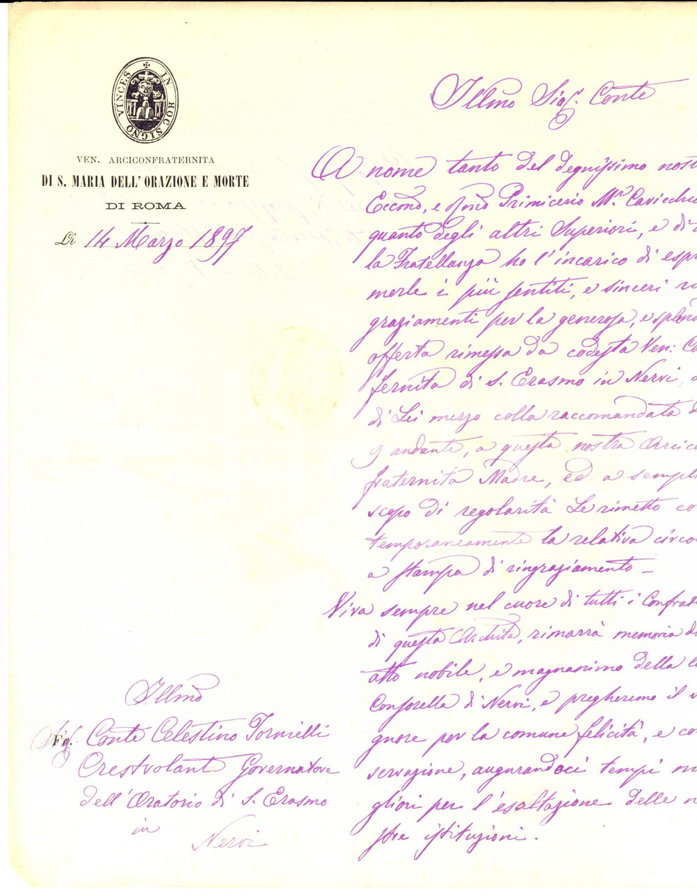 Manoscritto, lettera originale 1897 GENOVA NERVI Offerta conte TORNIELLI a SANTA MARIA DELL ORAZIONE E MORTE 1