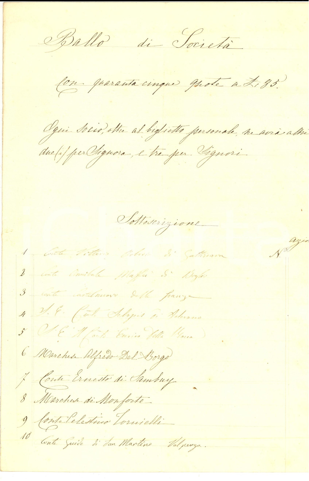 Manoscritto, lettera originale 1869 TORINO Ballo di società marchese Alfredo SOLARI DEL BORGO Sottoscrizioni 1