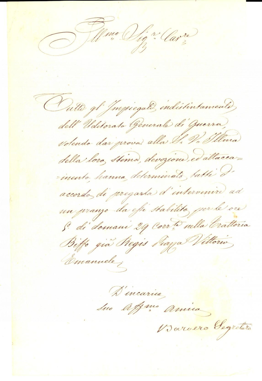 Manoscritto, lettera originale 1880 ca TORINO Pranzo dell Uditorato Generale di Guerra alla trattoria BIFFO 1