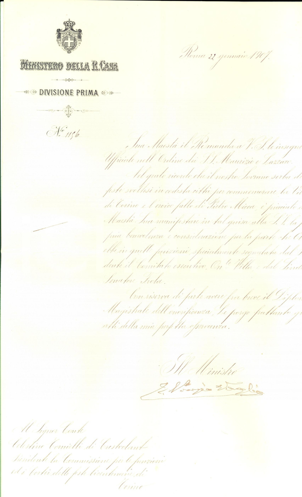 Autografo originale 1907 Celestino TORNIELLI Ufficiale SS. MAURIZIO E LAZZARO Emilio PONZIO VAGLIA 1