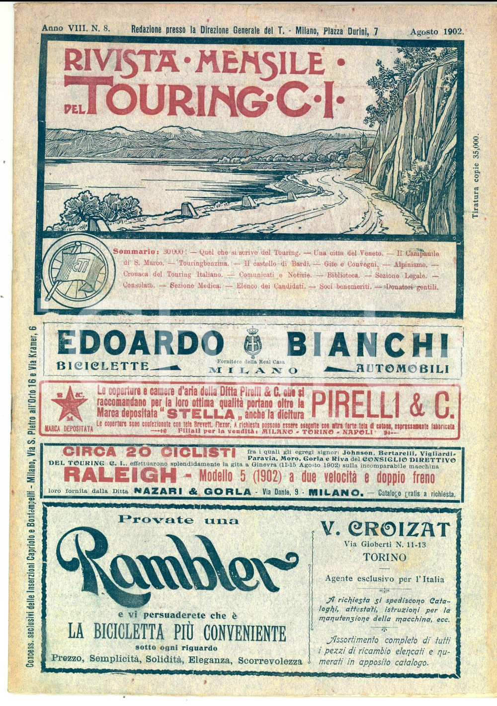 Materiale pubblicitario d’epoca 1902 TOURING CLUB ITALIANO Rivista mensile  Città di ESTE Anno VIII n°8 1