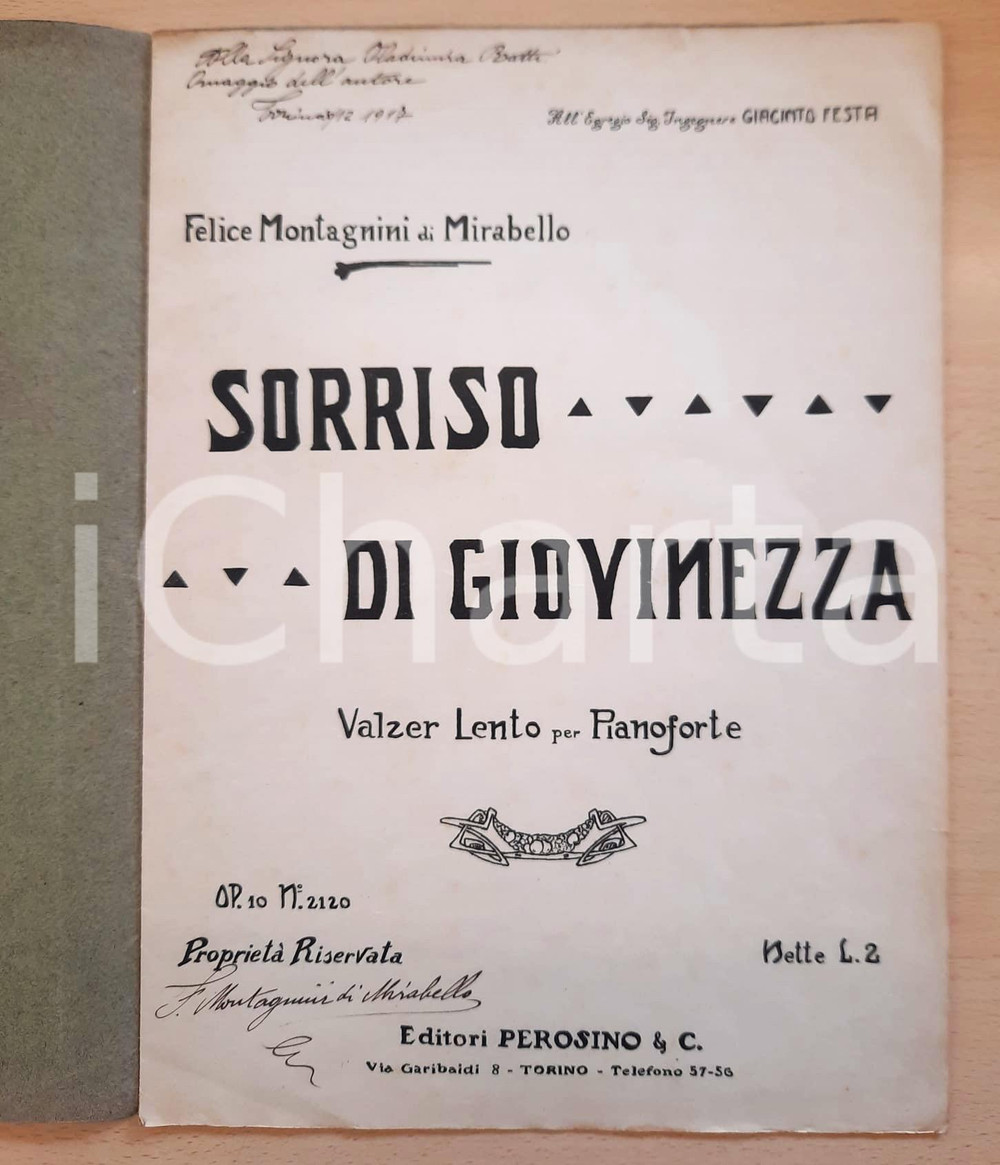 Oggetto da collezione cartaceo 1917 Felice MONTAGNINI DI MIRABELLO Sorriso di giovinezza  Valzer AUTOGRAFO 1