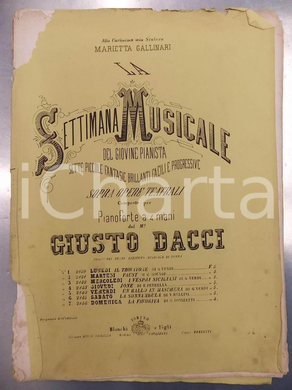 Oggetto da collezione cartaceo 1870 ca Giusto DACCI  La settimana musicale del giovane pianista *Ed. BLANCHI 1