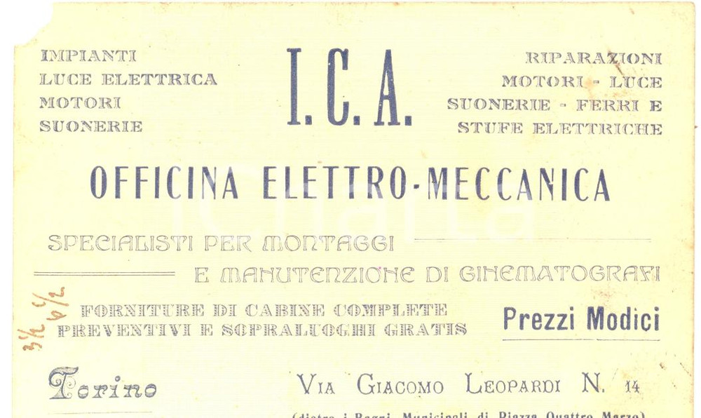 Materiale pubblicitario d’epoca 1930 ca TORINO I.C.A. Officina elettromeccanica cinematografi Cartoncino 1
