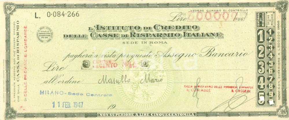 Oggetto da collezione cartaceo 1947 MILANO Istituto Casse Risparmio Italiane 500.000 lire per Mario MASULLO 1