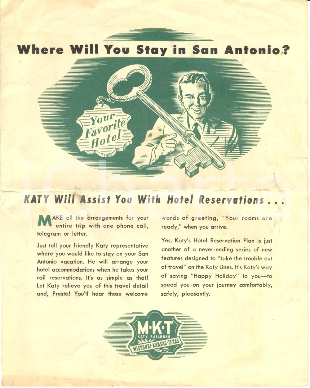 Materiale pubblicitario d’epoca 1960 ca SAN ANTONIO USA MKT KATY RAILROAD Luxurious trains Pubblicitario 1