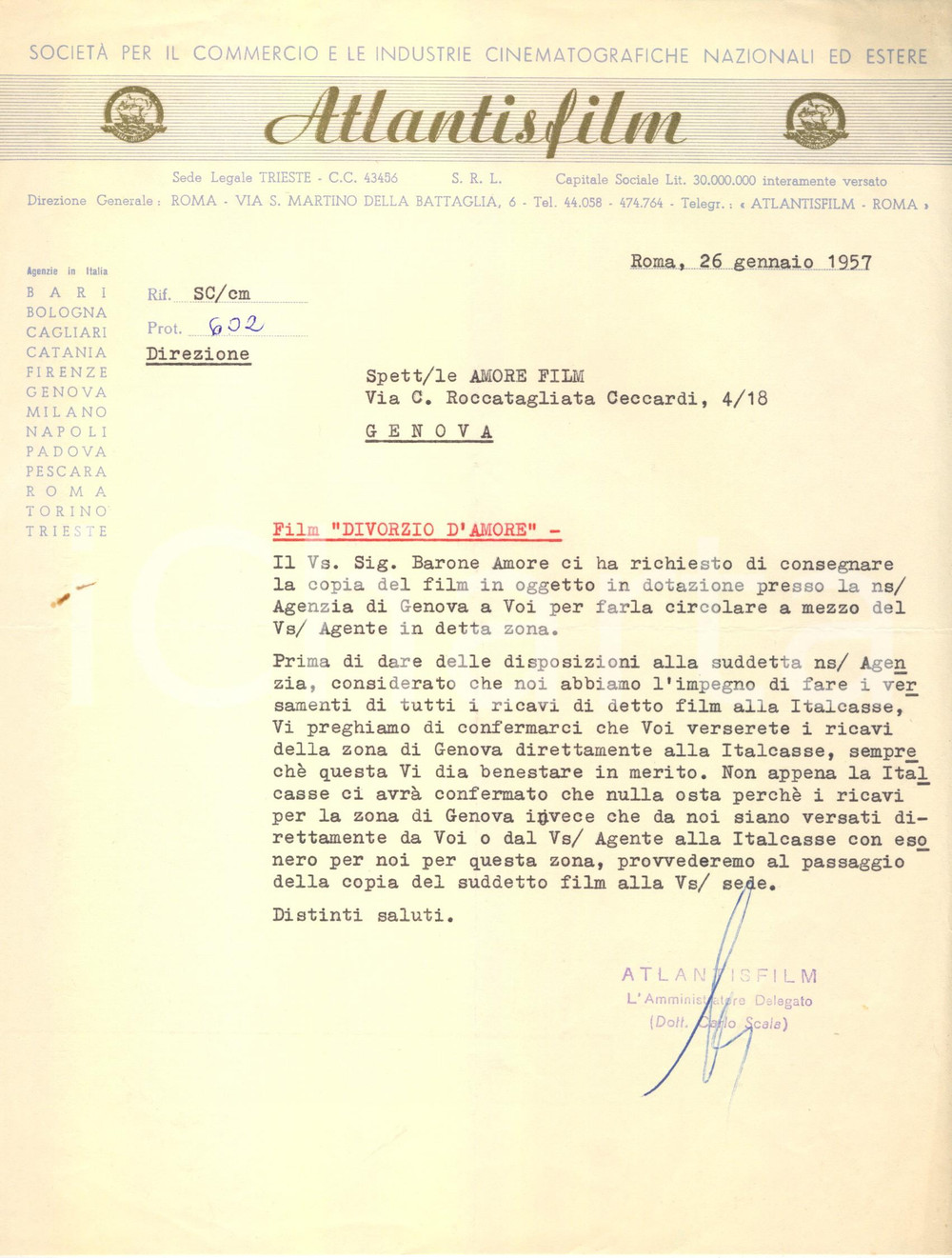 Documento originale, autentico 1957 ROMA Lettera ATLANTIS FILM per distribuzione e incassi  Divorzio d amore 1