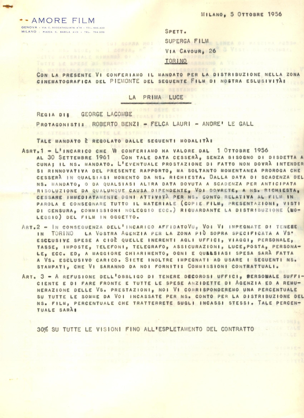 Documento originale, autentico 1956 MILANO Contratto SUPERGA FILM e AMORE FILM per distribuzione La prima luce 1