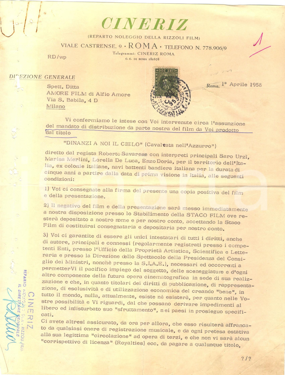 Manoscritto, lettera originale 1958 ROMA CINERIZ RIZZOLI FILM distribuisce  Dinanzi a noi il cielo  Lettera 1