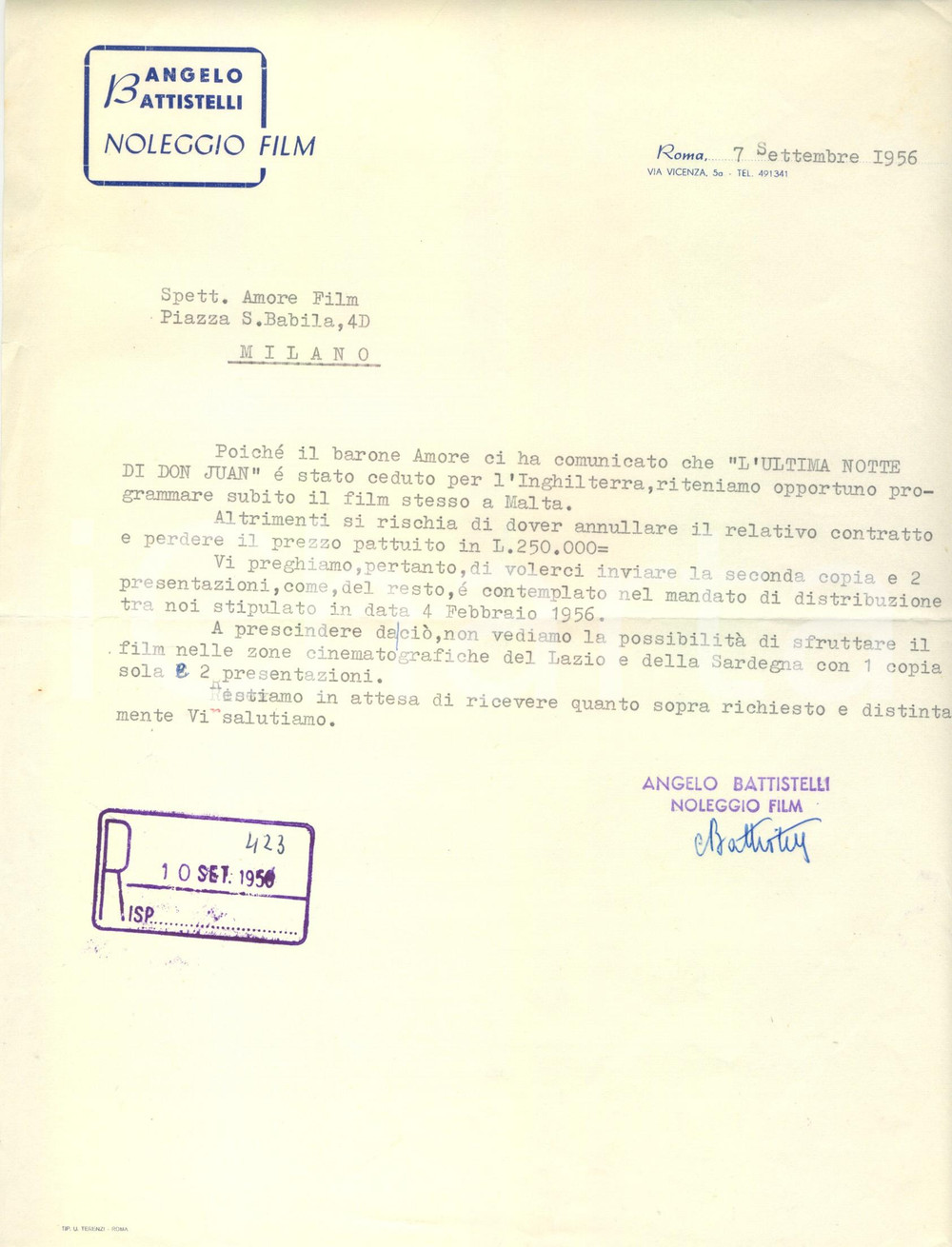 Documento originale, autentico 1956 ROMA Angelo BATTISTELLI Noleggio film programma distribuzione a Malta 1