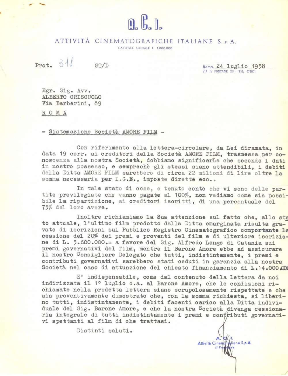 Manoscritto, lettera originale 1958 ROMA Società ACI interviene su fallimento AMORE FILM casa cinematografica 1