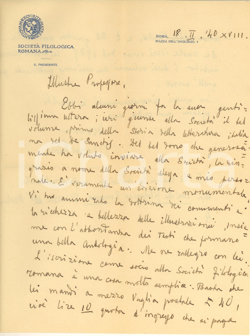 Autografo originale 1940 ROMA Società Filologica Romana  Mario PELAEZ a Gerolamo LAZZERI Autografo 1